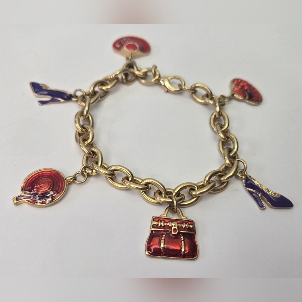 Vintage Red Hat Society 6 Charms Bracelet Gold Tone Chain, Purse,‎ Hats & Shoes - Picture 3 of 5